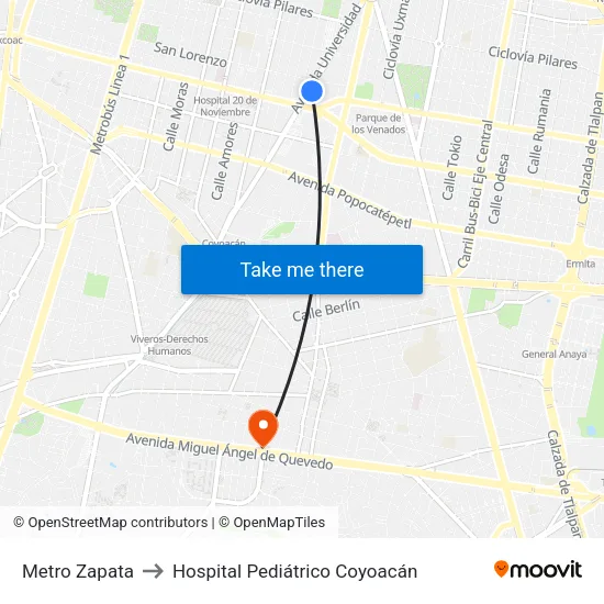 Metro Zapata to Hospital Pediátrico Coyoacán map