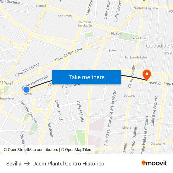 Sevilla to Uacm Plantel Centro Histórico map