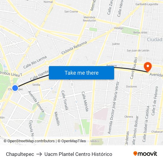 Chapultepec to Uacm Plantel Centro Histórico map