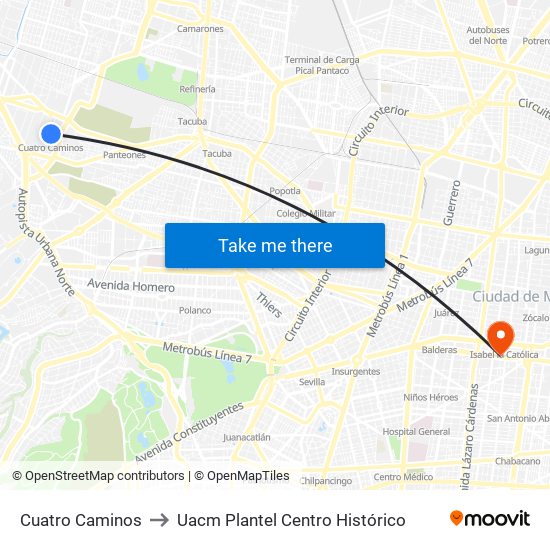 Cuatro Caminos to Uacm Plantel Centro Histórico map