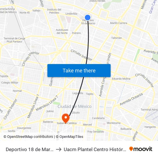 Deportivo 18 de Marzo to Uacm Plantel Centro Histórico map