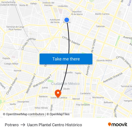 Potrero to Uacm Plantel Centro Histórico map