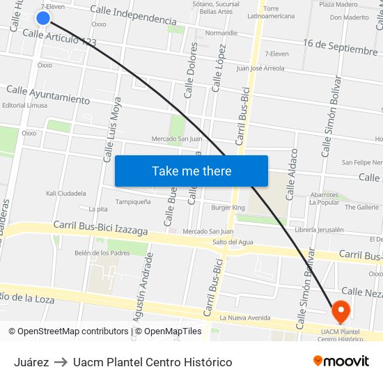 Juárez to Uacm Plantel Centro Histórico map