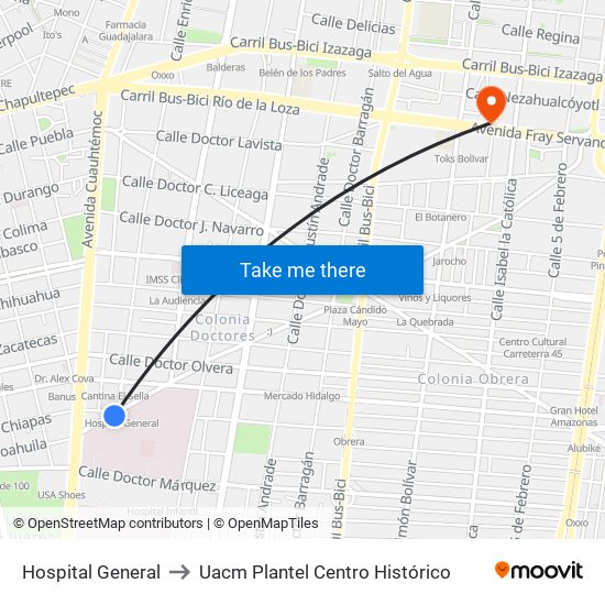 Hospital General to Uacm Plantel Centro Histórico map