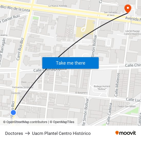 Doctores to Uacm Plantel Centro Histórico map