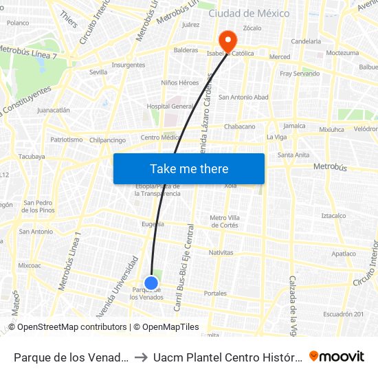 Parque de los Venados to Uacm Plantel Centro Histórico map