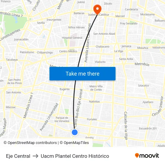 Eje Central to Uacm Plantel Centro Histórico map