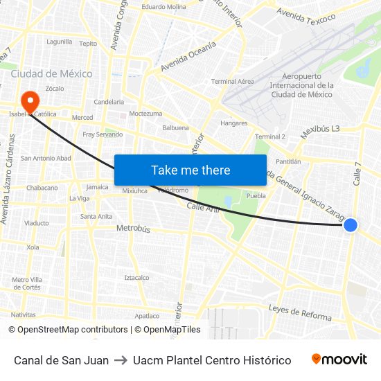 Canal de San Juan to Uacm Plantel Centro Histórico map