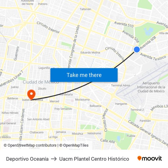 Deportivo Oceanía to Uacm Plantel Centro Histórico map
