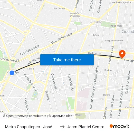 Metro Chapultepec - José Vasconcelos to Uacm Plantel Centro Histórico map