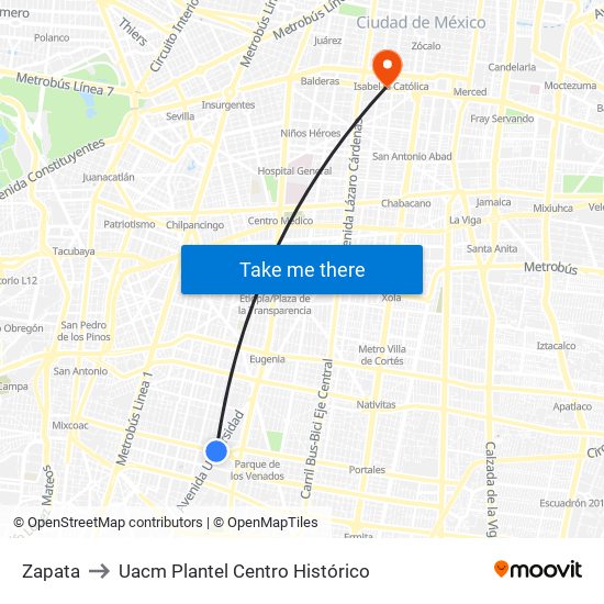 Zapata to Uacm Plantel Centro Histórico map