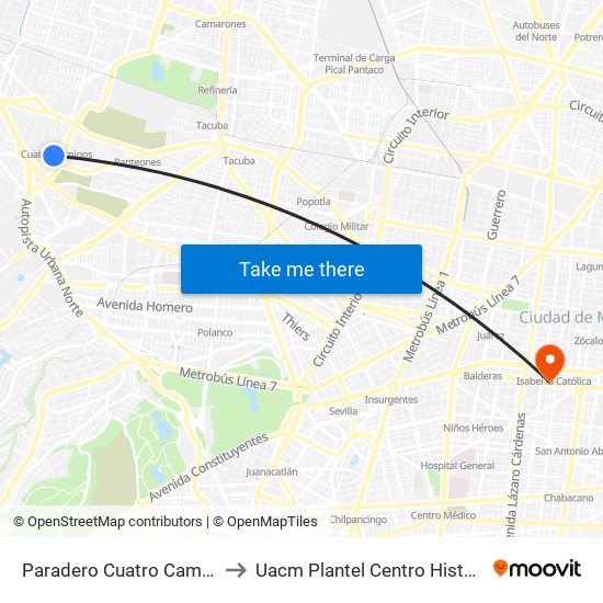 Paradero Cuatro Caminos to Uacm Plantel Centro Histórico map