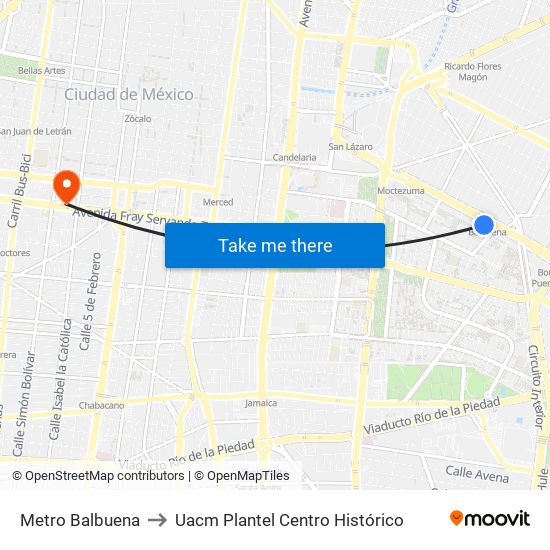 Metro Balbuena to Uacm Plantel Centro Histórico map