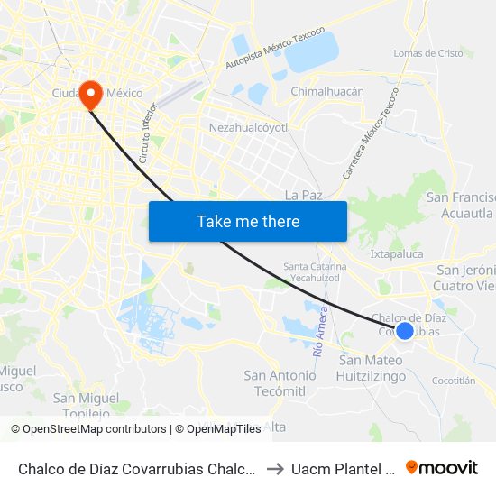 Chalco de Díaz Covarrubias Chalco Estado de México 56625 México to Uacm Plantel Centro Histórico map