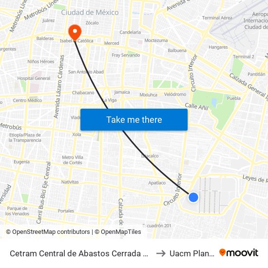 Cetram Central de Abastos Cerrada Militares San José Aculco Iztapalapa Cdmx 09410 México to Uacm Plantel Centro Histórico map