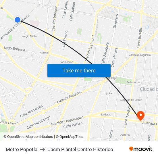 Metro Popotla to Uacm Plantel Centro Histórico map