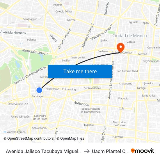 Avenida Jalisco Tacubaya Miguel Hidalgo Cdmx 11870 México to Uacm Plantel Centro Histórico map