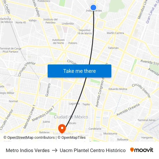 Metro Indios Verdes to Uacm Plantel Centro Histórico map