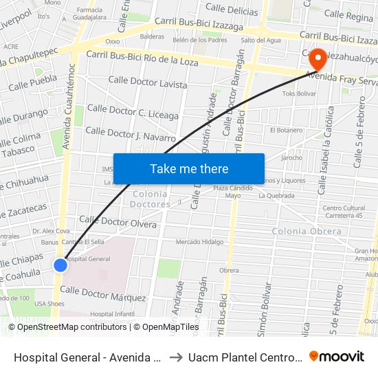 Hospital General - Avenida Cuauhtémoc to Uacm Plantel Centro Histórico map