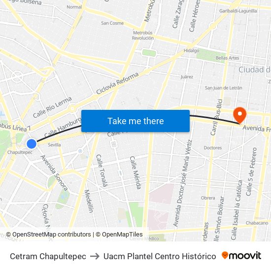 Cetram Chapultepec to Uacm Plantel Centro Histórico map