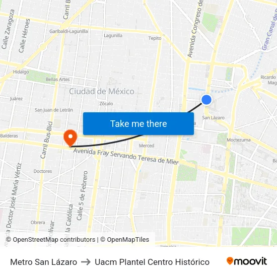 Metro San Lázaro to Uacm Plantel Centro Histórico map