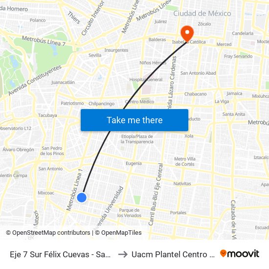 Eje 7 Sur Félix Cuevas - San Francisco to Uacm Plantel Centro Histórico map