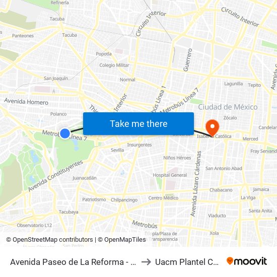 Avenida Paseo de La Reforma - Museo de Antropología II to Uacm Plantel Centro Histórico map