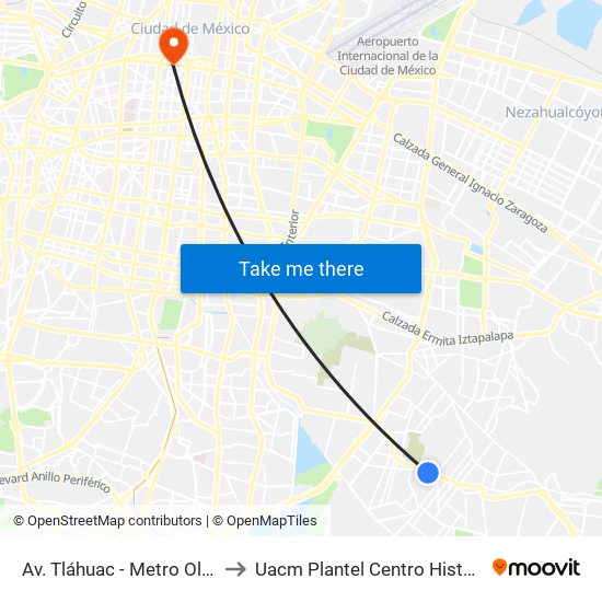 Av. Tláhuac - Metro Olivos to Uacm Plantel Centro Histórico map