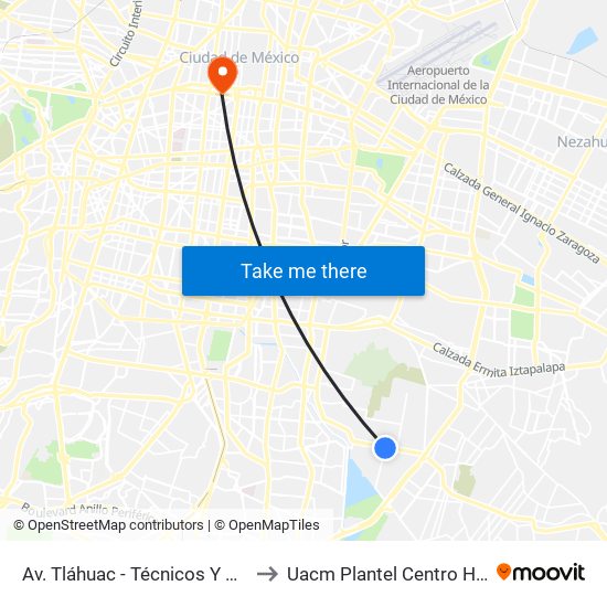 Av. Tláhuac - Técnicos Y Manuales to Uacm Plantel Centro Histórico map