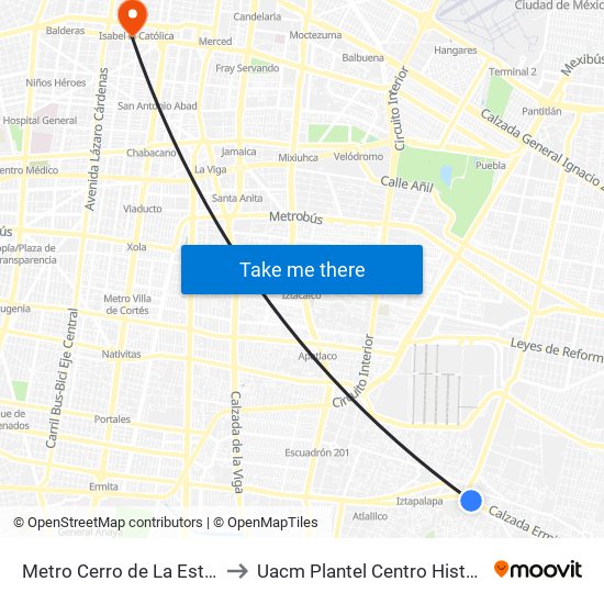 Metro Cerro de La Estrella to Uacm Plantel Centro Histórico map