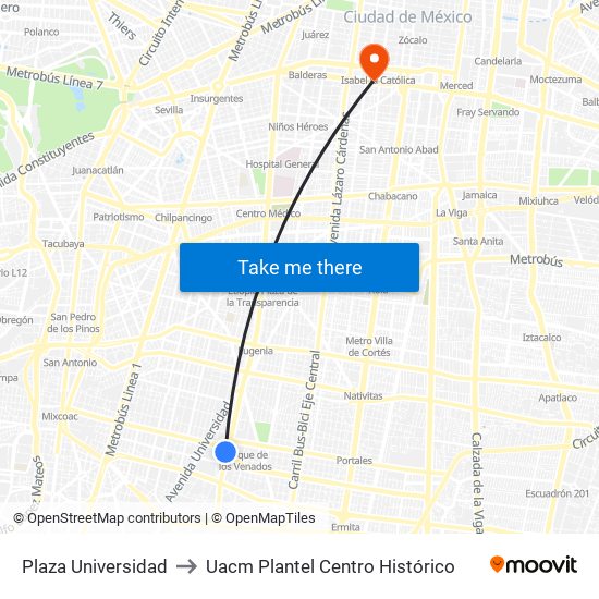 Plaza Universidad to Uacm Plantel Centro Histórico map