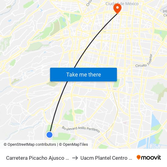 Carretera Picacho Ajusco - Six Flags to Uacm Plantel Centro Histórico map