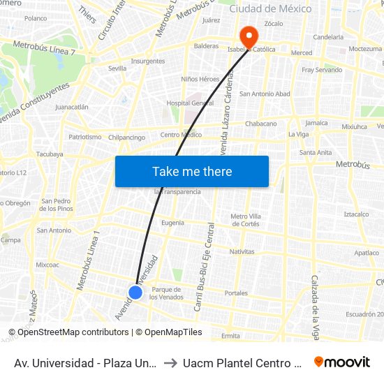 Av. Universidad - Plaza Universidad to Uacm Plantel Centro Histórico map