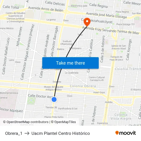 Obrera_1 to Uacm Plantel Centro Histórico map