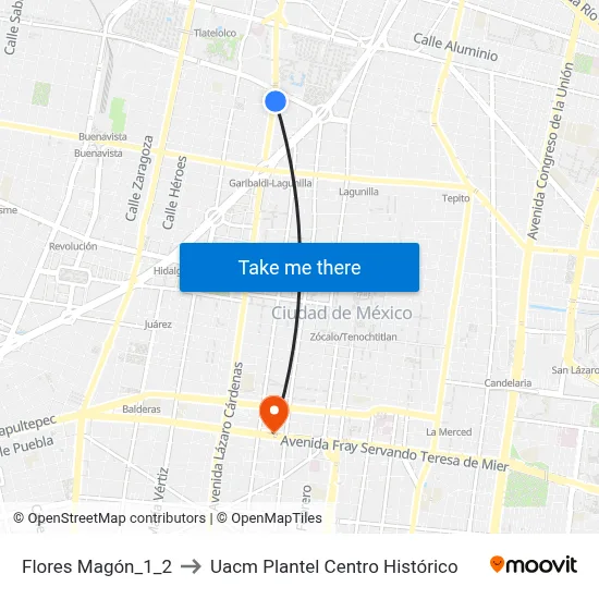 Flores Magón_1_2 to Uacm Plantel Centro Histórico map