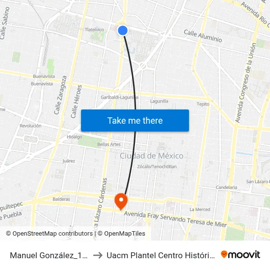 Manuel González_1_3 to Uacm Plantel Centro Histórico map