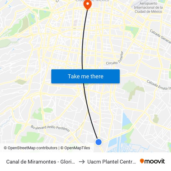 Canal de Miramontes - Glorieta Villa Coapa to Uacm Plantel Centro Histórico map