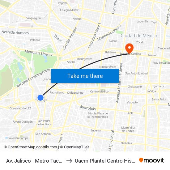 Av. Jalisco - Metro Tacubaya to Uacm Plantel Centro Histórico map