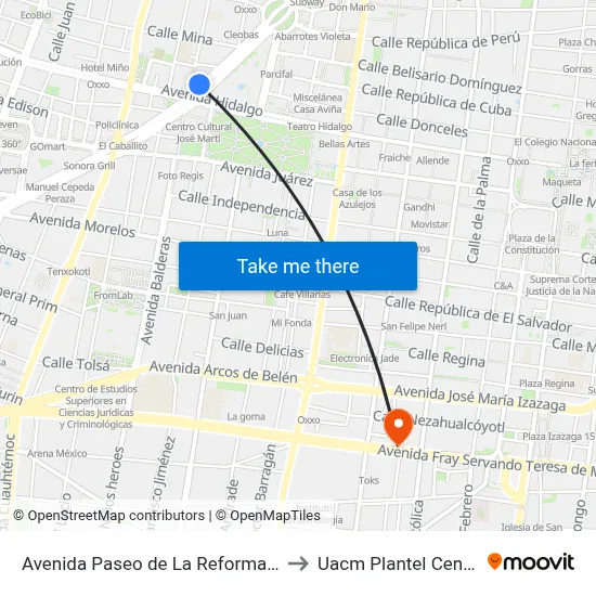 Avenida Paseo de La Reforma - Metro Hidalgo_1 to Uacm Plantel Centro Histórico map