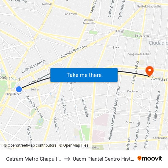 Cetram Metro Chapultepec to Uacm Plantel Centro Histórico map
