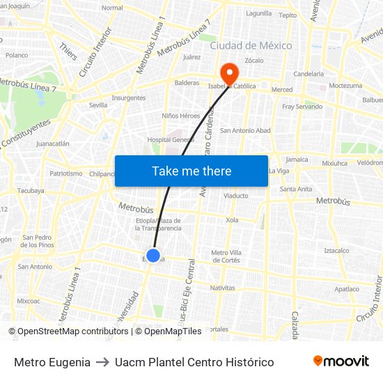 Metro Eugenia to Uacm Plantel Centro Histórico map