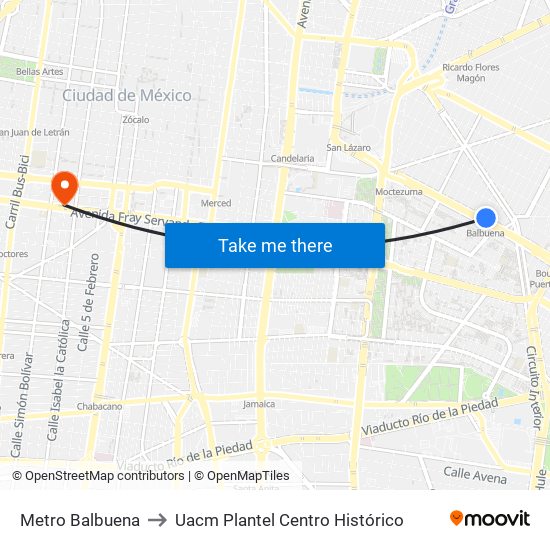 Metro Balbuena to Uacm Plantel Centro Histórico map