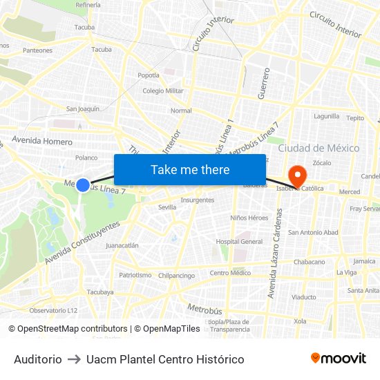 Auditorio to Uacm Plantel Centro Histórico map