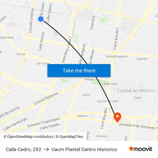 Calle Cedro, 292 to Uacm Plantel Centro Histórico map