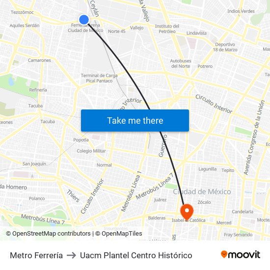 Metro Ferrería to Uacm Plantel Centro Histórico map