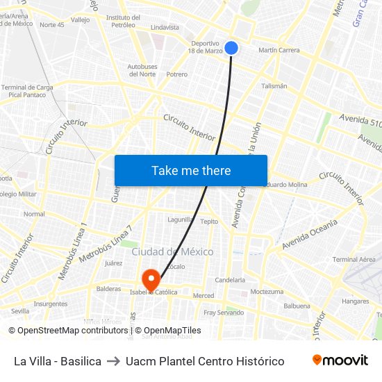 La Villa - Basilica to Uacm Plantel Centro Histórico map