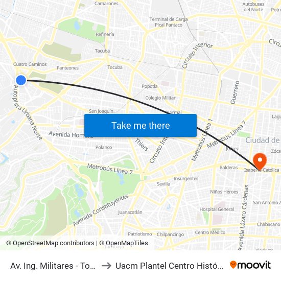 Av. Ing. Militares - Toreo to Uacm Plantel Centro Histórico map