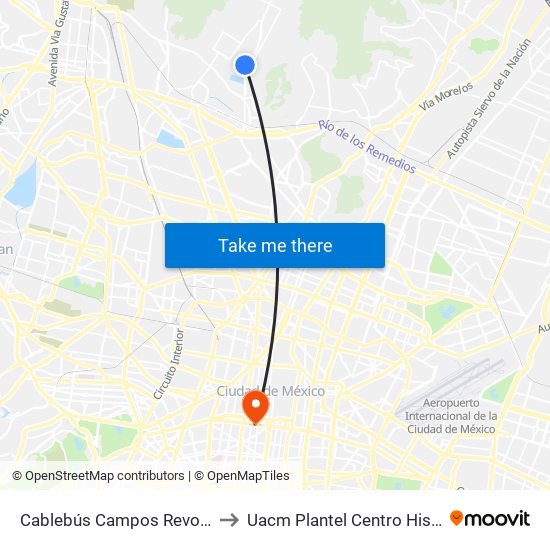 Cablebús Campos Revolución to Uacm Plantel Centro Histórico map