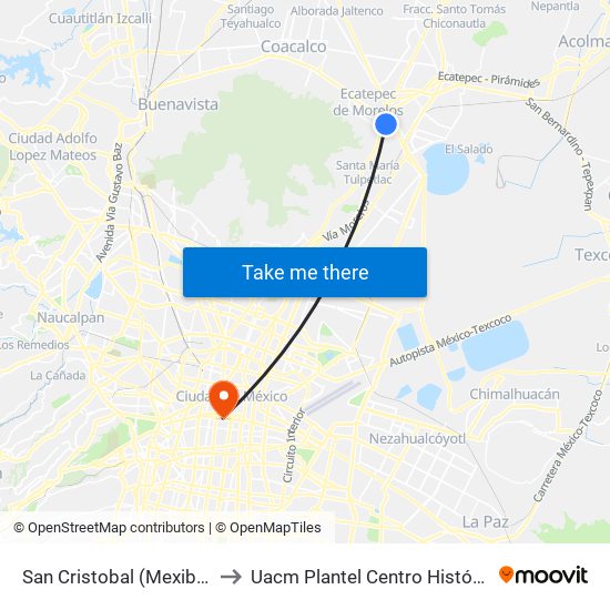 San Cristobal (Mexibús) to Uacm Plantel Centro Histórico map
