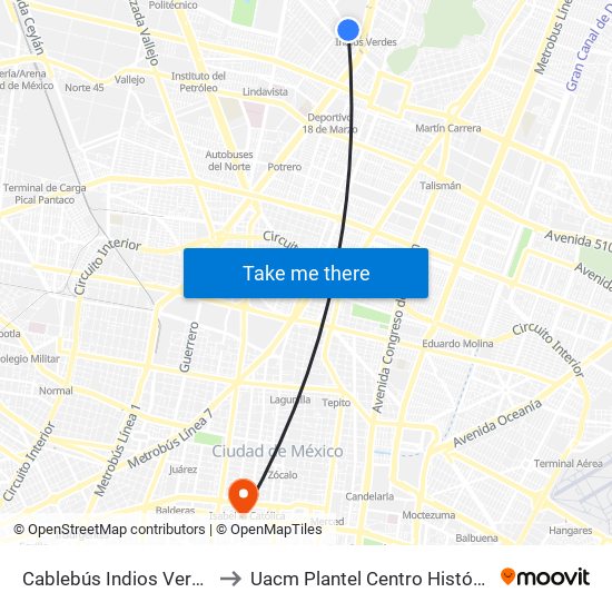 Cablebús Indios Verdes to Uacm Plantel Centro Histórico map